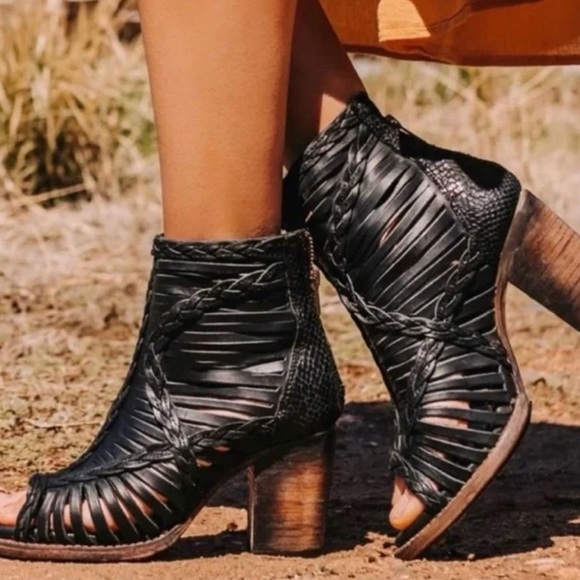 Freebird by Steven Black Multi Bela Booties Open Toe Boots Sandals Heels Leather
